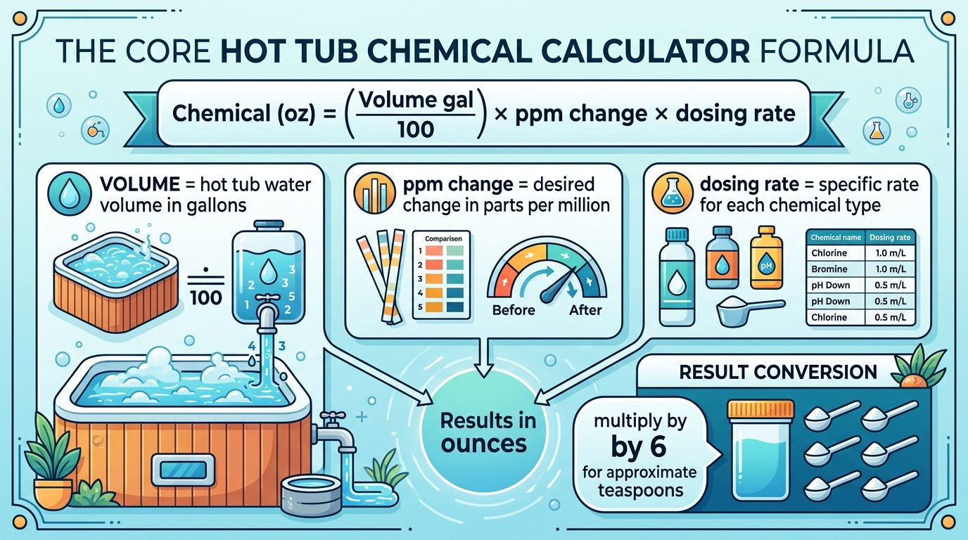 Hot tub chemical calculator formulas showing sanitizer, pH, alkalinity, and chemical dosing calculations