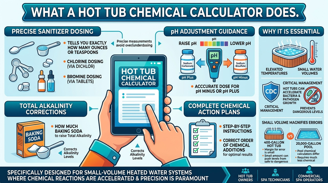 Hot tub chemical calculator with spa water, test strips, chemical bottles, and temperature display