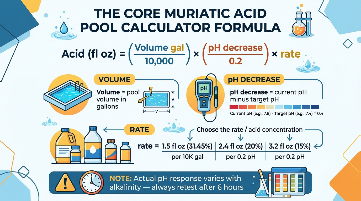 Muriatic acid pool calculator formulas showing pH lowering, alkalinity reduction, acid wash ratios, and safety guidelines