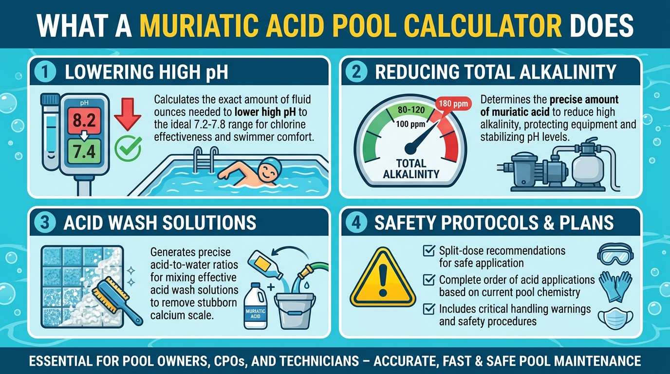 Muriatic acid pool calculator with acid jug, safety gloves, goggles, pool test kit, and clear pool water