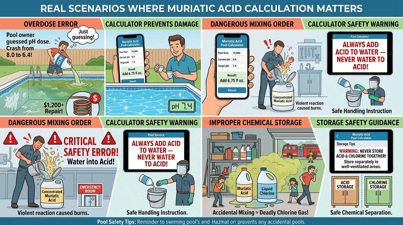 Muriatic acid scenarios showing acid overdose, safety accidents, and equipment damage
