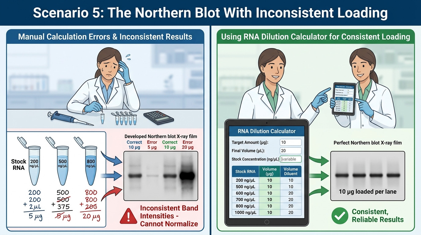RNA dilution calculator scenarios in RT-qPCR, transfection, RNA-seq, Northern blot and serial dilution