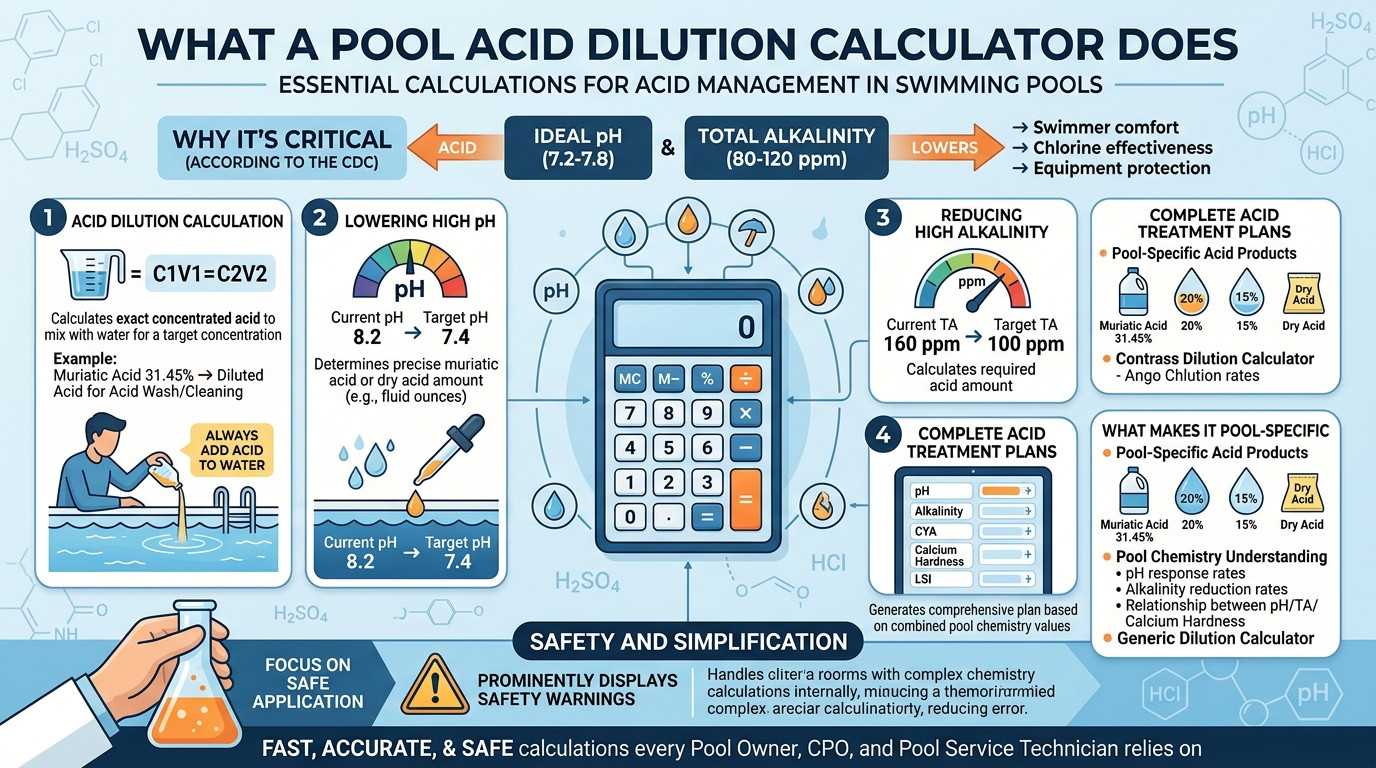 Pool acid dilution calculator with muriatic acid jug, safety goggles, gloves, measuring cup, and clear pool water