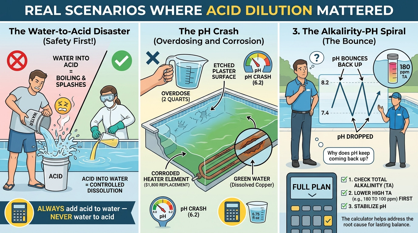 Pool acid dilution scenarios showing water-to-acid accident, pH crash, and alkalinity-pH spiral