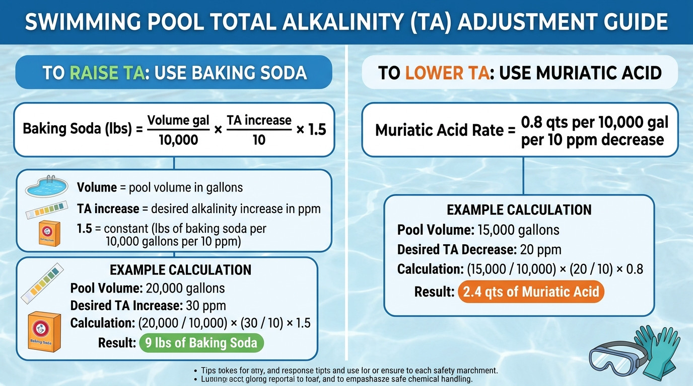Pool alkalinity calculator formulas showing baking soda dosing, acid dosing, corrected alkalinity, and CYA correction