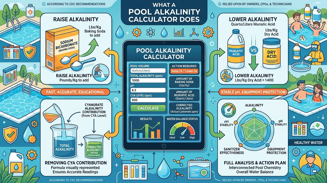 Pool alkalinity calculator with test kit, baking soda, muriatic acid, and balanced pool water