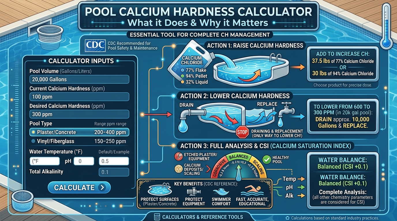 Pool calcium hardness calculator with CH test kit, calcium chloride container, plaster pool surface, and clear water