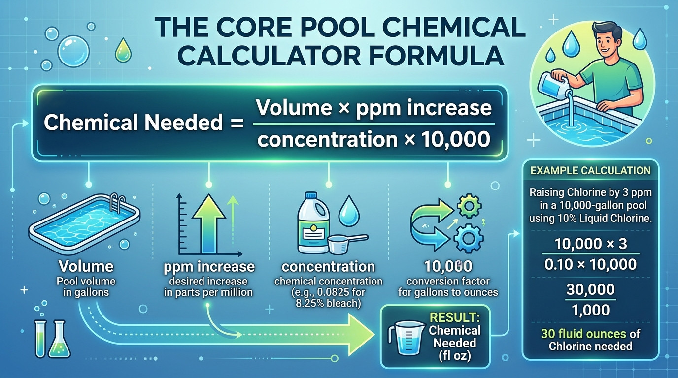 Pool chemical calculator formulas showing chlorine dosing, pH adjustment, alkalinity correction, and shock treatment
