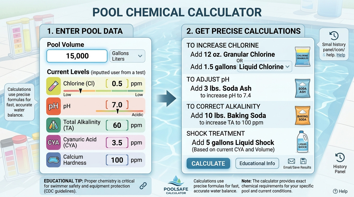 Pool chemical calculator with test kit, chlorine tablets, pH meter, and clean pool water