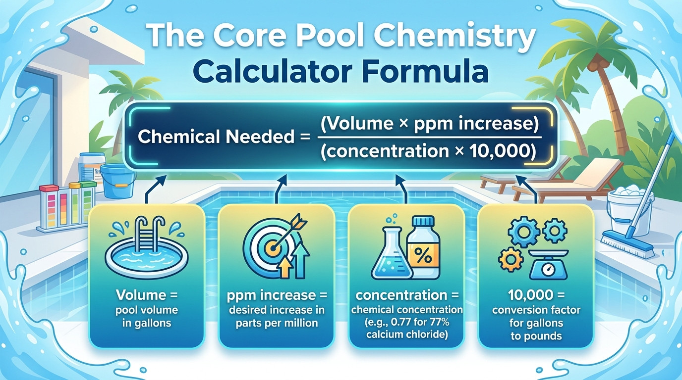 Pool chemistry calculator formulas showing calcium hardness, cyanuric acid, TDS, and LSI calculations