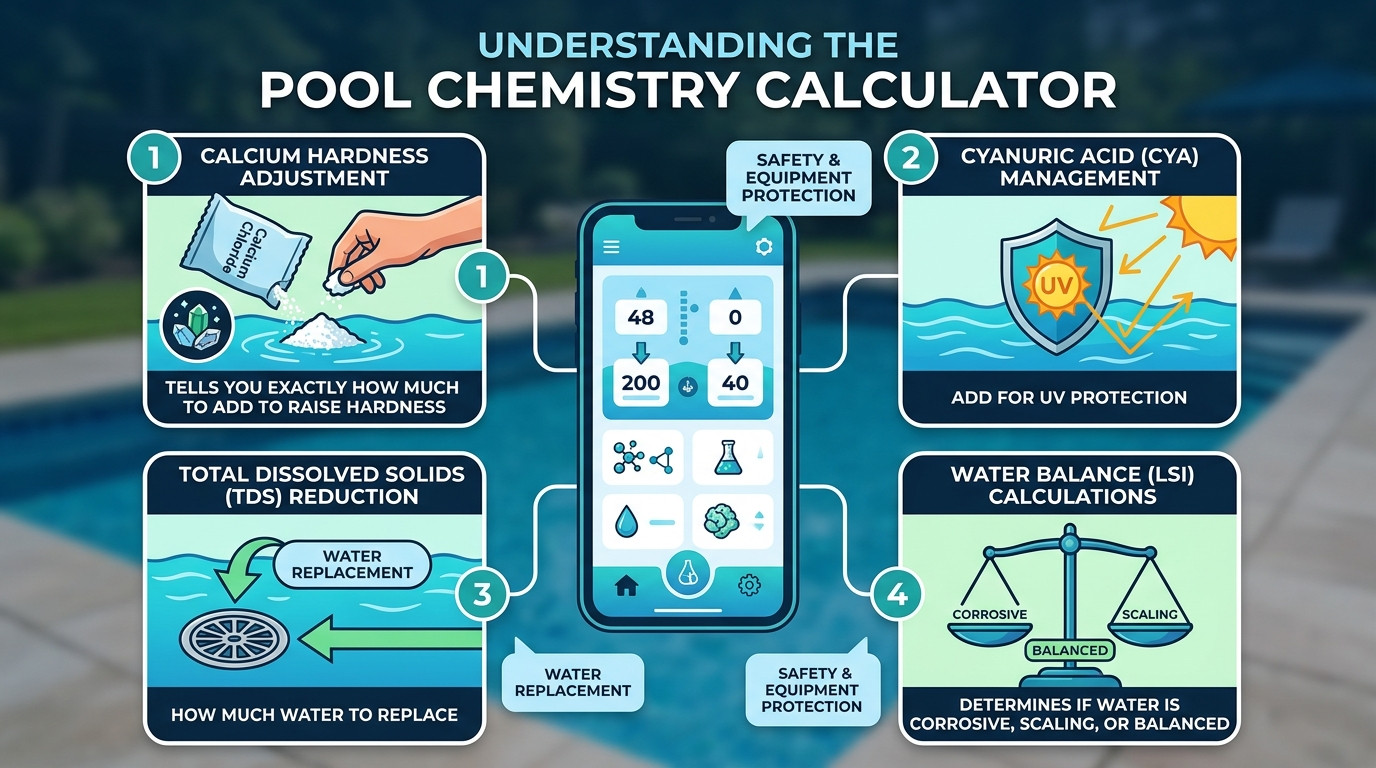 Pool chemistry calculator with water testing equipment, calcium hardness test, CYA test, and balanced pool water