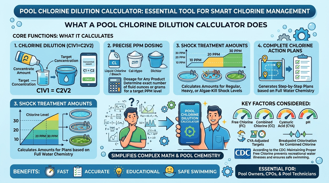 Pool chlorine dilution calculator with liquid chlorine jugs, measuring cups, test kit, and clear pool water