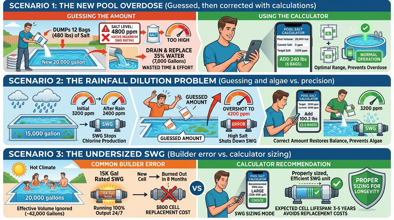 Pool salt calculator scenarios showing salt overdose, rainfall dilution, and SWG sizing problems
