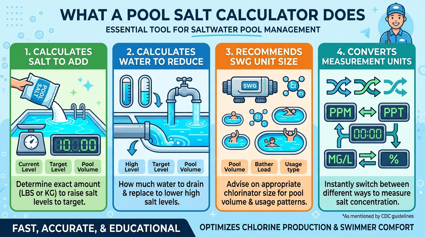 Pool salt calculator with saltwater pool, salt bags, salt test kit, and saltwater chlorine generator