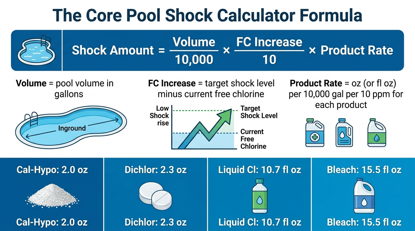 Pool shock calculator formulas showing chlorine shock, MPS, breakpoint chlorination, and SLAM calculations