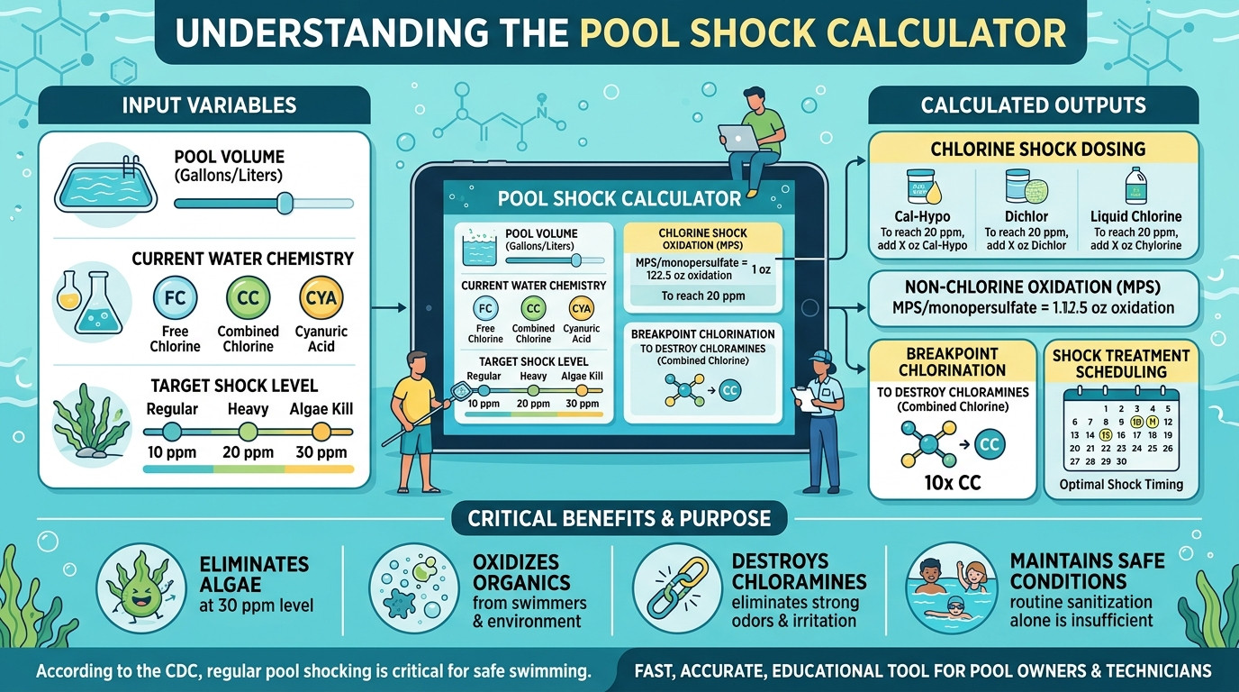 Pool shock calculator with Cal-Hypo bags, liquid chlorine, MPS, and pool water at dusk