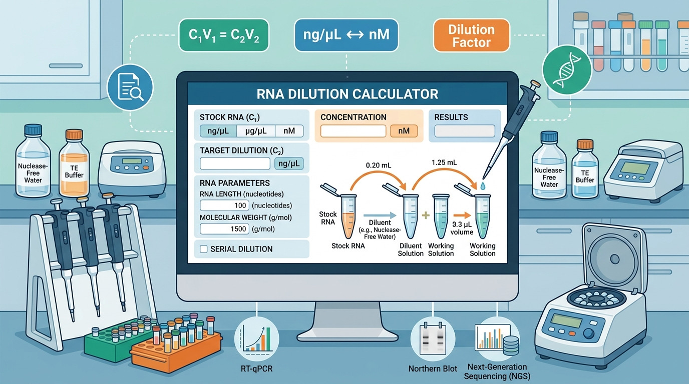 RNA dilution calculator with NanoDrop spectrophotometer, RNase-free tubes, and pipettes in molecular biology lab