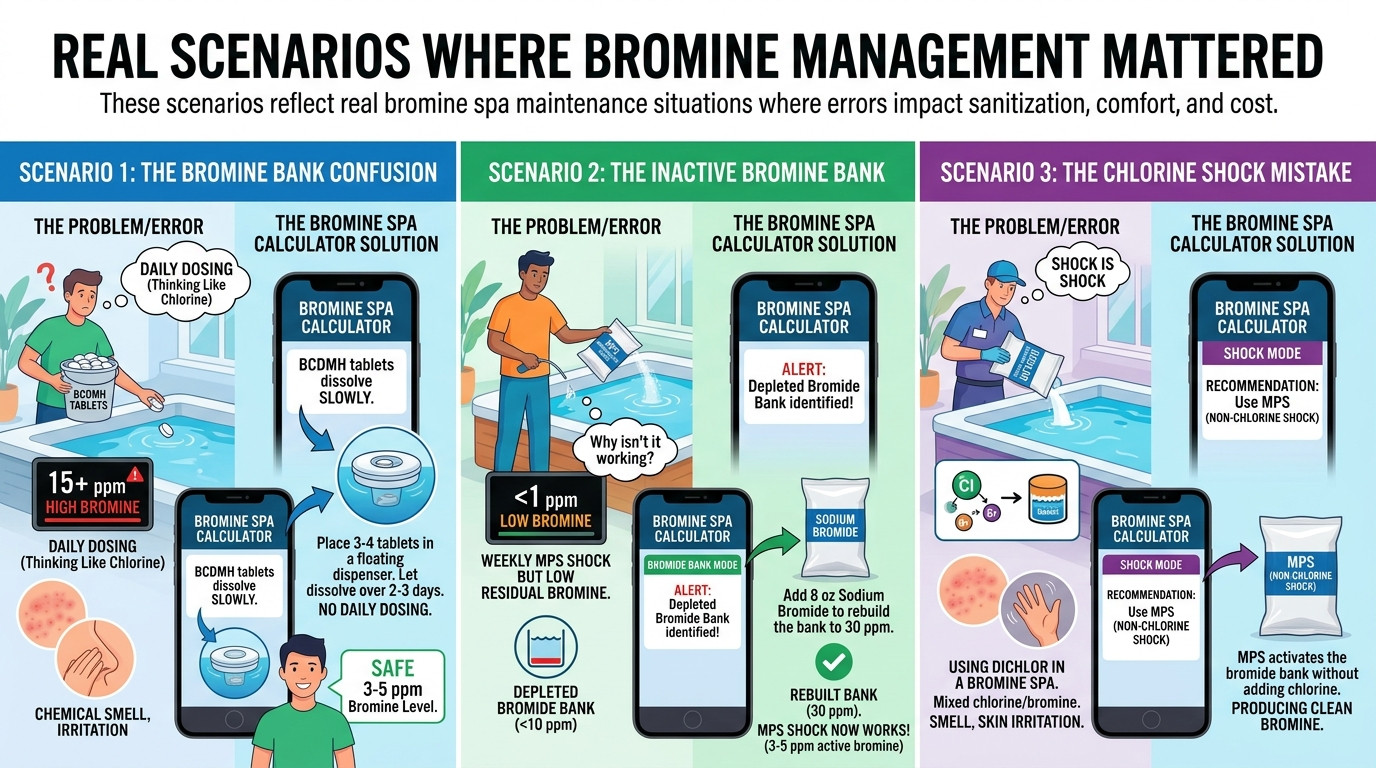 Bromine spa scenarios showing bromine bank confusion, inactive bank, and chlorine shock mistake