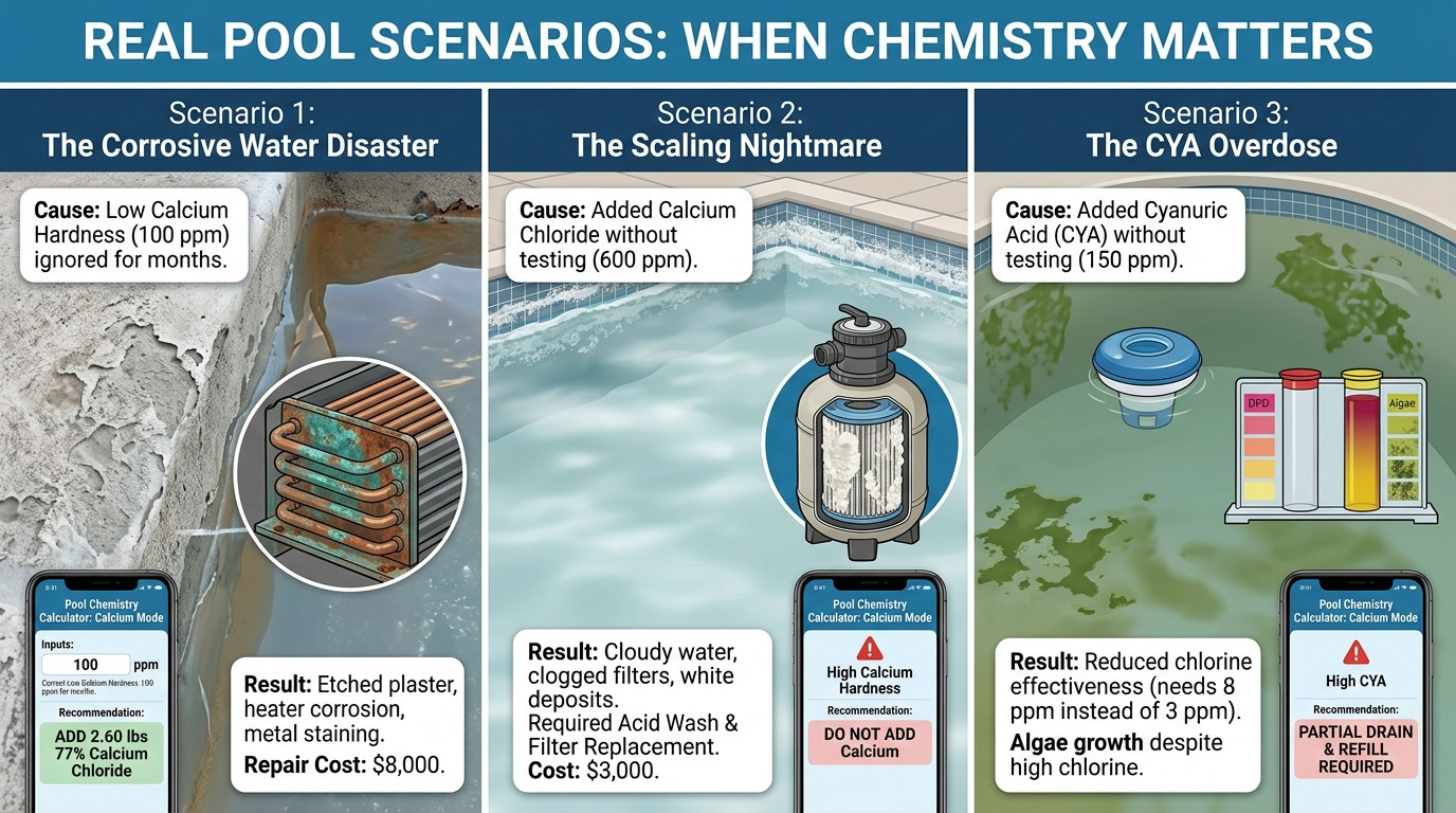 Pool chemistry scenarios showing corrosive water, scaling, and CYA problems