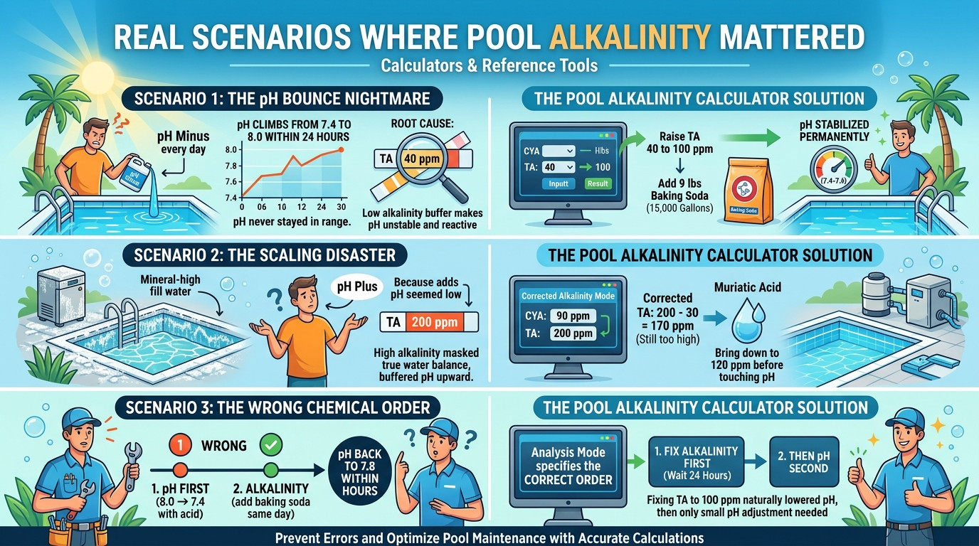 Pool alkalinity scenarios showing pH bounce, scaling, and wrong chemical order problems