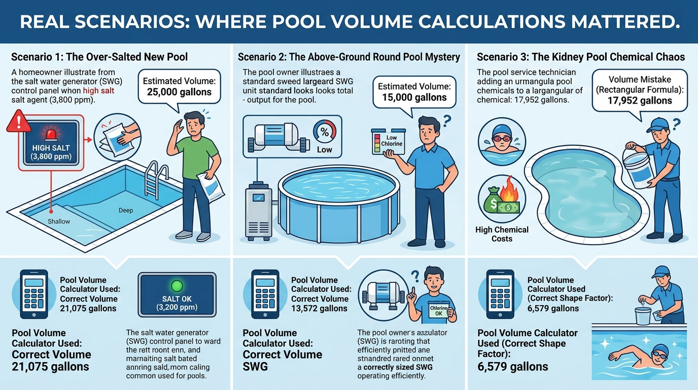 Pool volume calculator scenarios showing over-salting, chlorine problems, and chemical overdosing