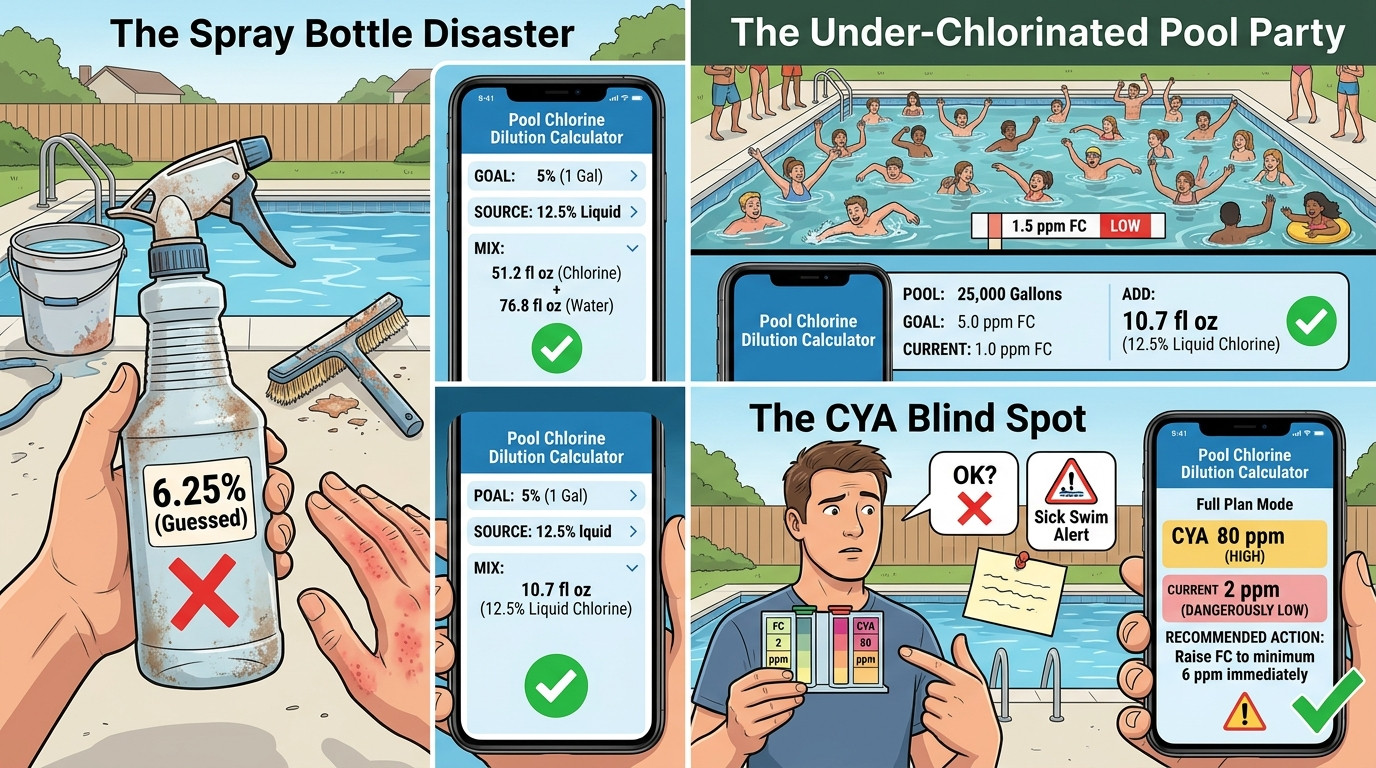Pool chlorine dilution scenarios showing spray bottle errors, under-chlorination, and CYA problems