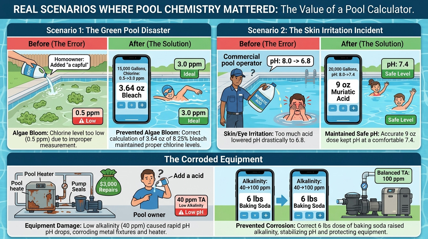 Pool chemical scenarios showing green algae, skin irritation, and corroded equipment