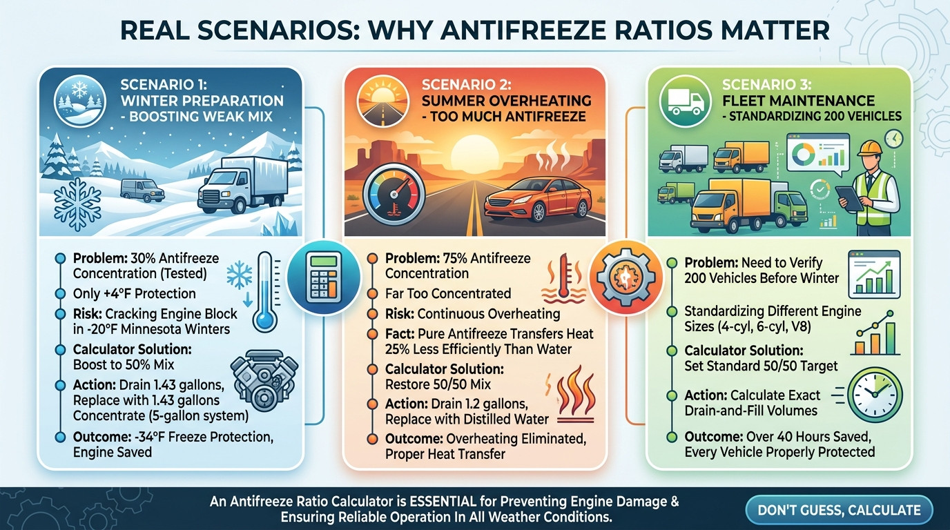 Real-world antifreeze ratio scenarios showing winter preparation and fleet maintenance