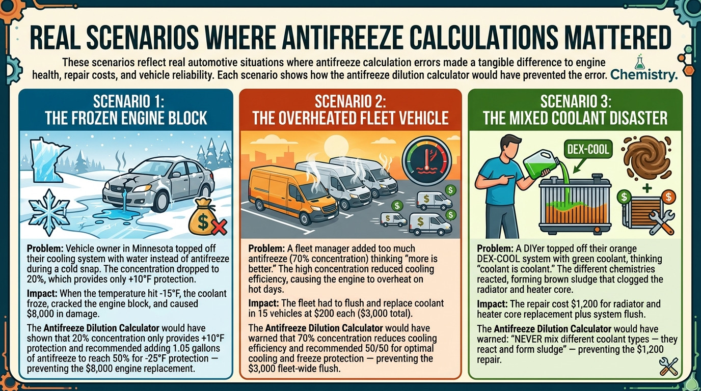Antifreeze scenarios showing frozen engine, overheated fleet, and mixed coolant disaster