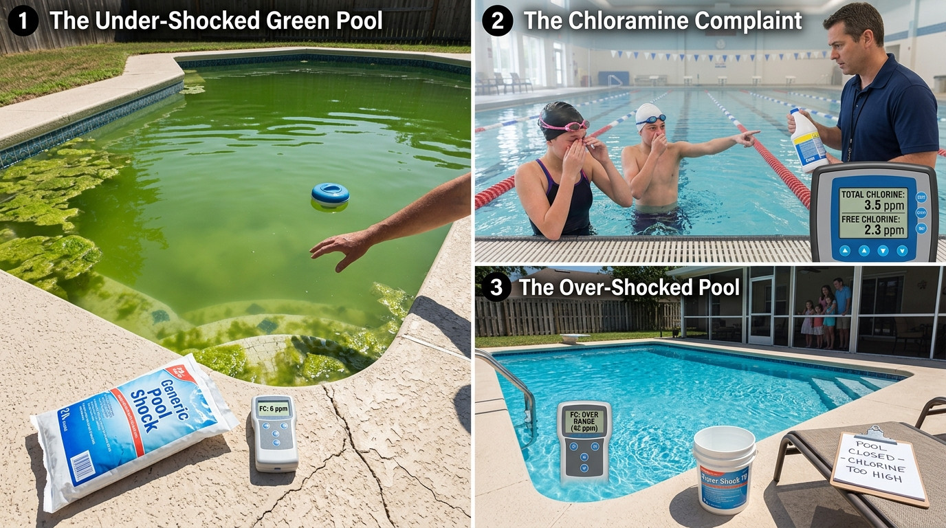 Pool shock scenarios showing green pool, chloramine problems, and over-shocking