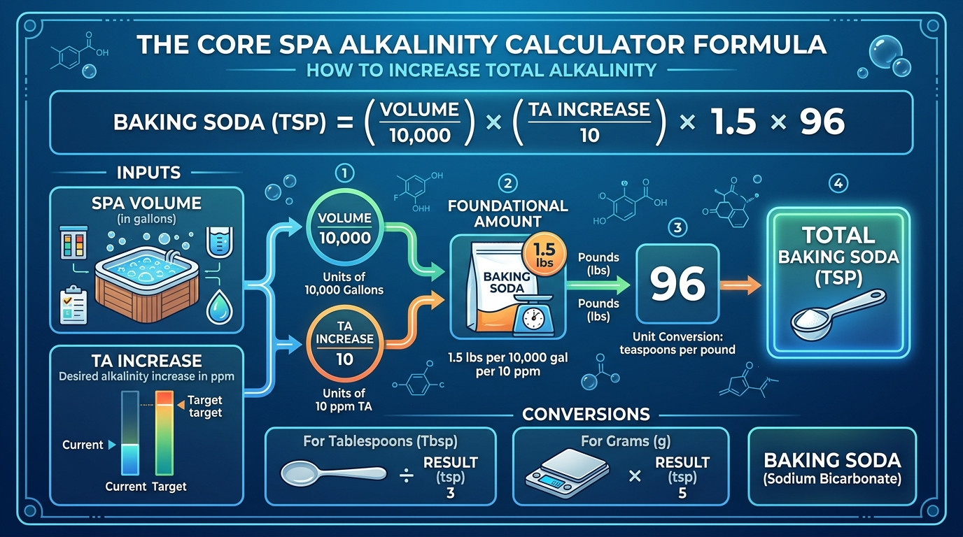 Spa alkalinity calculator formulas showing baking soda dosing, acid dosing, corrected alkalinity, and temperature effects