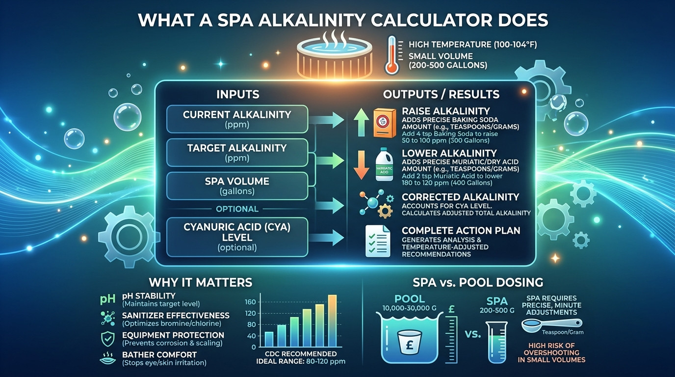 Spa alkalinity calculator with hot tub, measuring spoons, baking soda box, test strips, and clear spa water