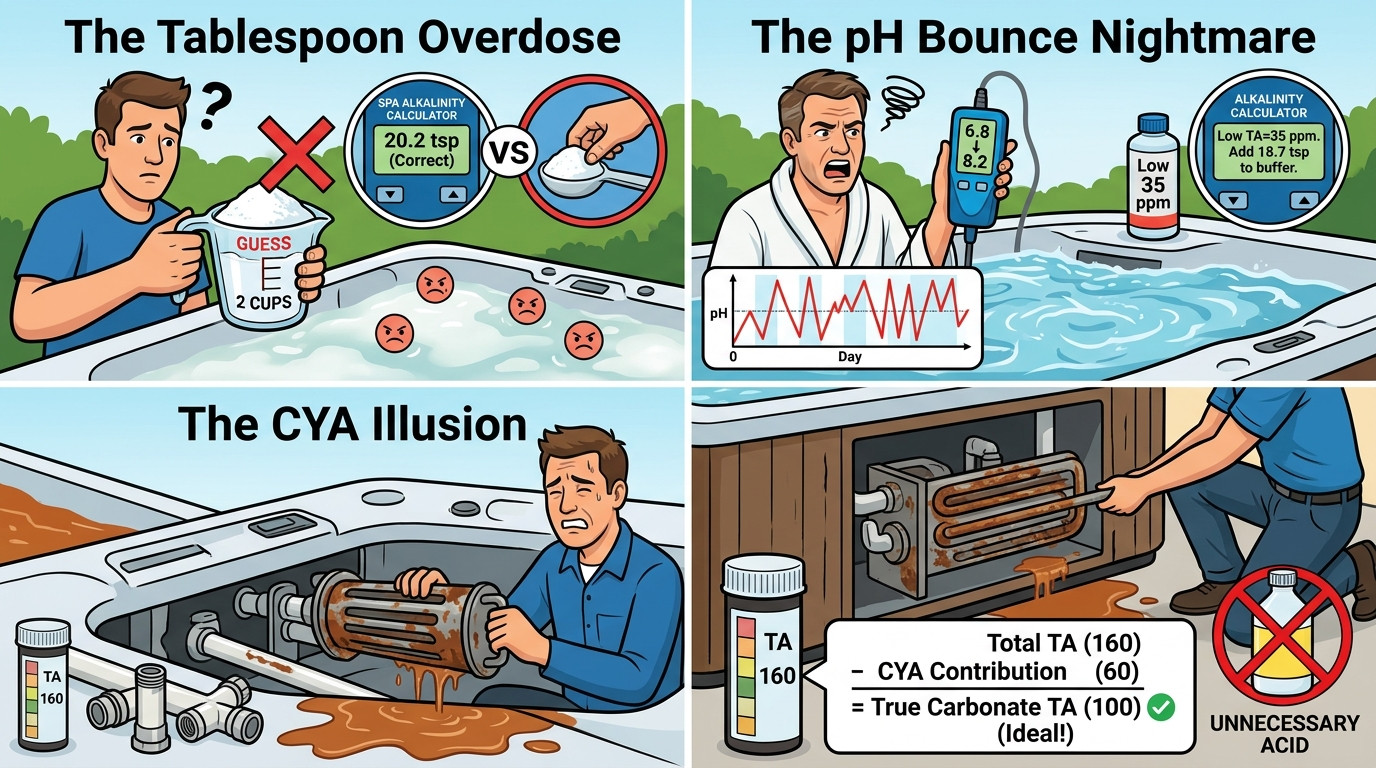 Spa alkalinity scenarios showing tablespoon overdose, pH bounce, and CYA illusion problems