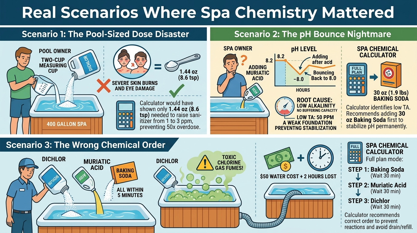 Spa chemical scenarios showing pool-sized dose disaster, pH bounce, and wrong chemical order