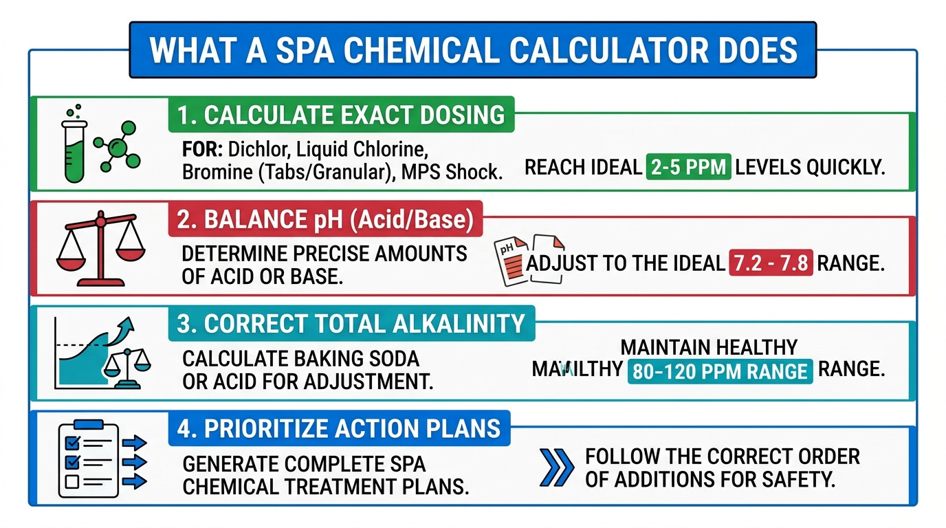 Spa chemical calculator with hot tub, test strips, measuring spoons, dichlor container, and clear spa water