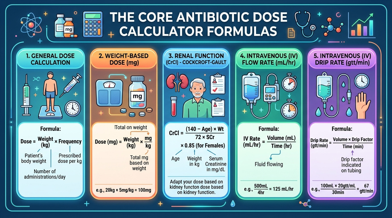 Core antibiotic dose calculator formulas showing weight-based, renal adjustment, and IV infusion calculations