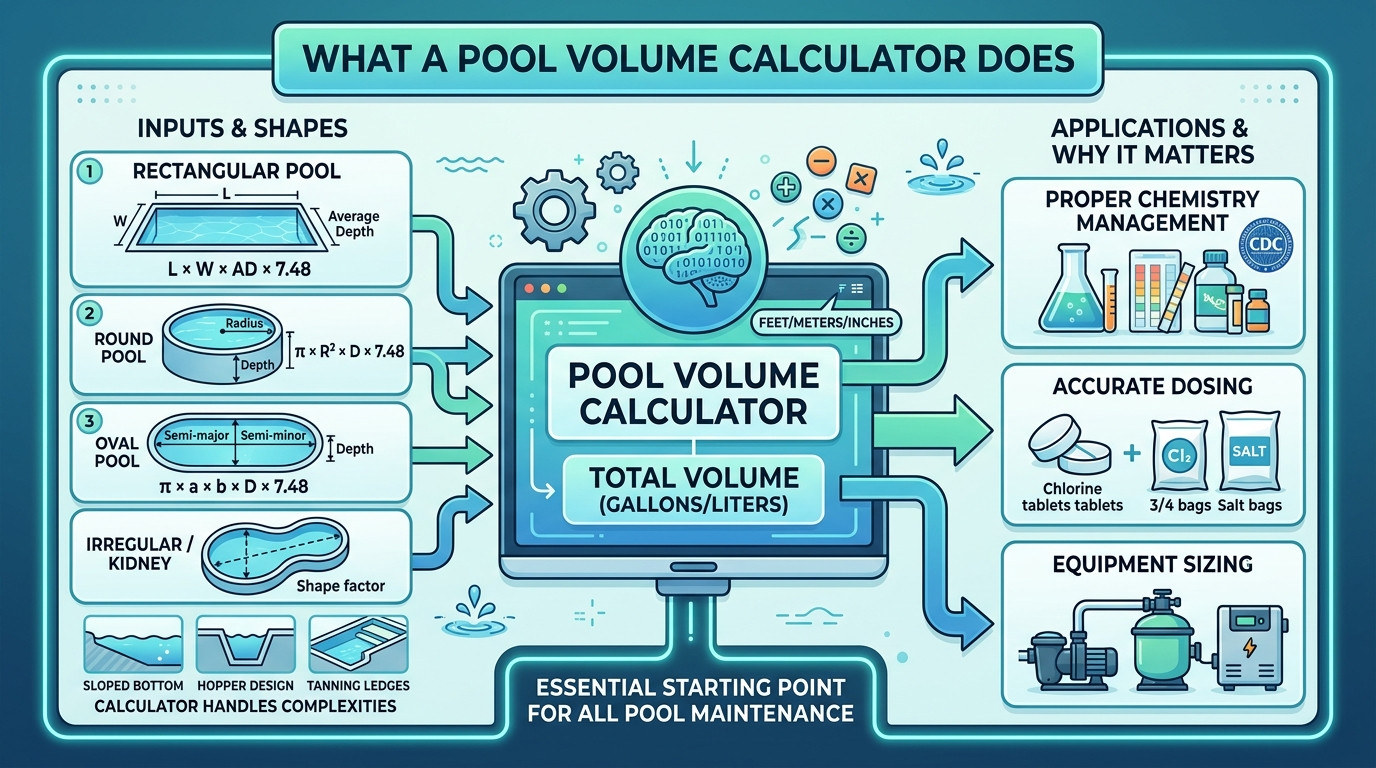 Pool volume calculator with different pool shapes, measuring tape, and pool dimensions